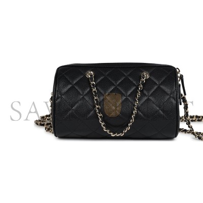 CHANEL MINI TIMELESS CLASSIC BARREL BAG WITH CHAIN BLACK SHINY CAVIAR LIGHT GOLD HARDWARE AS0932 (18*13*10cm)