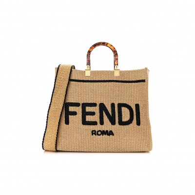 FENDI STRAW VITELLO KING PLEXIGLASS WOVEN MEDIUM FENDI SUNSHINE SHOPPER TOTE NATURAL BLACK (36*32*17cm)