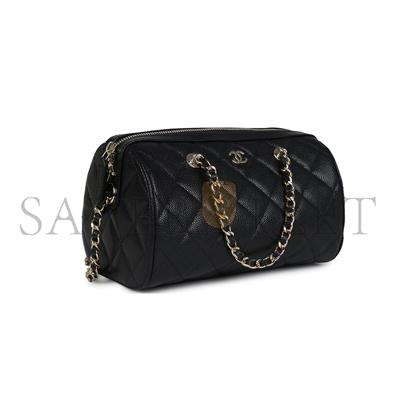 CHANEL MINI TIMELESS CLASSIC BARREL BAG WITH CHAIN BLACK SHINY CAVIAR LIGHT GOLD HARDWARE AS0932 (18*13*10cm)