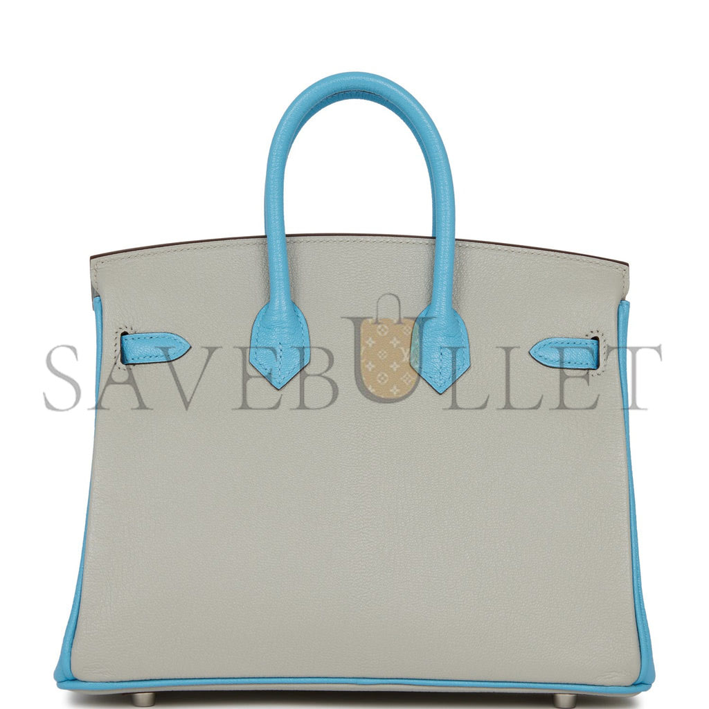 HERMES SPECIAL ORDER (HSS) BIRKIN 25 GRIS PERLE AND BLEU DU NORD CHÈVRE BRUSHED PALLADIUM HARDWARE HANDMADE (25cm) HERMES SPECIAL ORDER (HSS) BIRKIN 25 GRIS PERLE AND BLEU DU NORD CHÈVRE BRUSHED PALLADIUM HARDWARE HANDMADE (25cm)