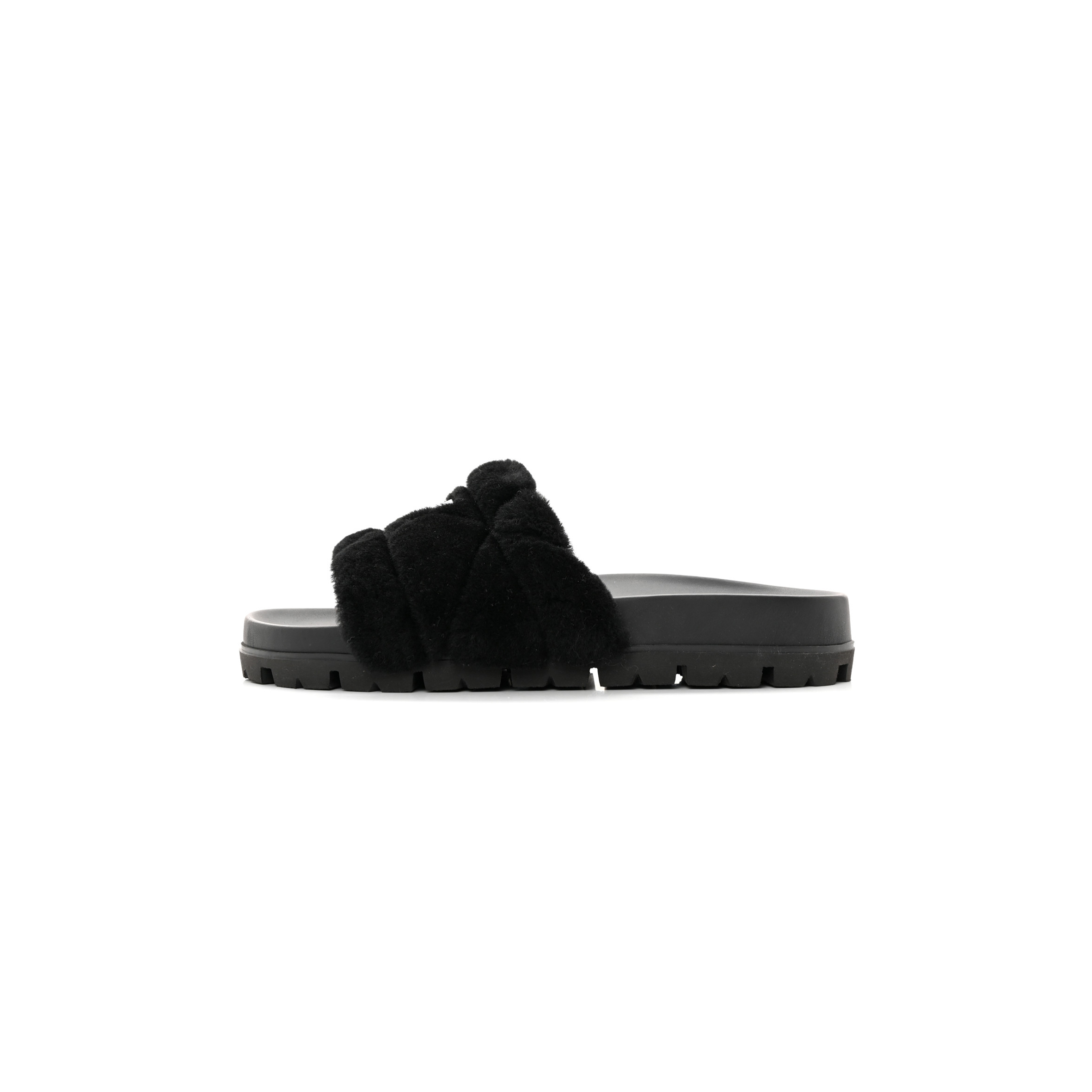 PRADA SHEARLING METAL TRIANGLE LOGO LUG SOLE 20MM SLIDE SANDALS 41 BLACK PRADA SHEARLING METAL TRIANGLE LOGO LUG SOLE 20MM SLIDE SANDALS 41 BLACK